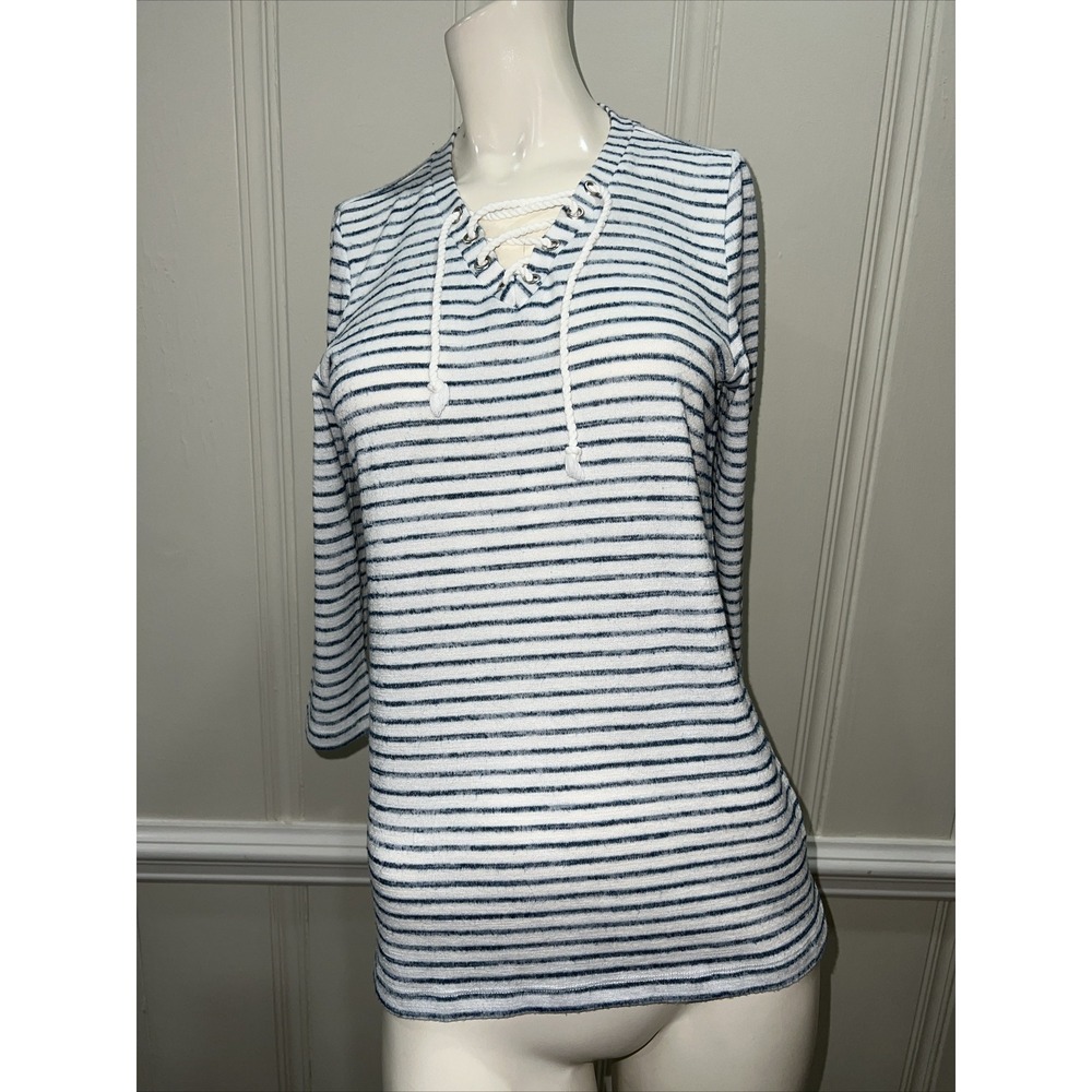 FDJ French Dressing Jeans Women's 3/4 Sleeve Top Stripe Lace Up Shirt Size XS